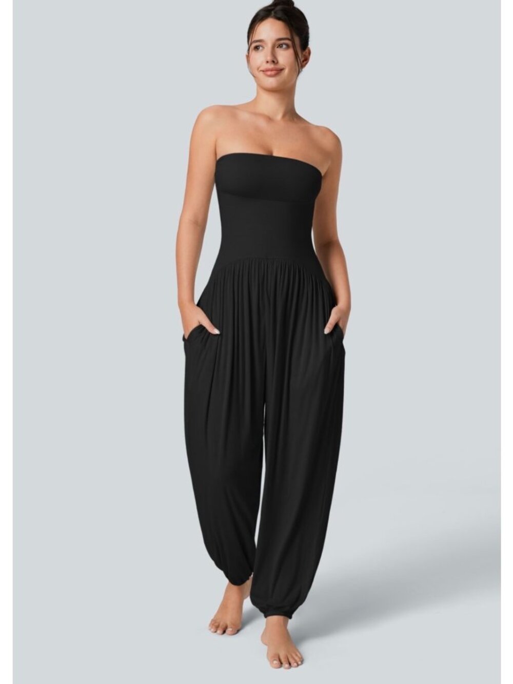 Halara M Ribbed Tube Backless Black Jumpsuit With Side Pockets Size M By Halara